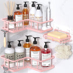 YASONIC Corner Shower Caddy Organizer, 3-Pack Self-Adhesive Rustproof Bath Shelves with Soap Holder & 4 Hooks, Large Capacity Shower Storage Rack for Bathroom Organization, Pink