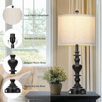 27" Farmhouse Vintage Lamps Set of 2 with USB C+A Charging Ports, Black Rustic Touch Control Table Lamp for Living Room, 3-Way Dimmable Traditional Nightstand Bedside Lamp Linen Washed for Bedroom