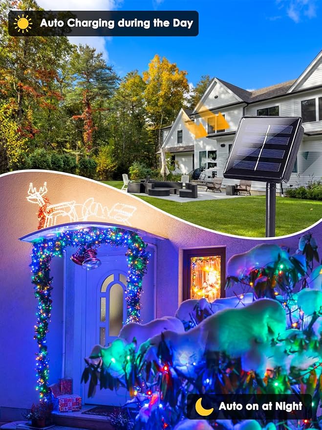 6 Pack 600 LED Solar String Lights for Outside, Solar Christmas Lights with 8 Lighting Modes, Waterproof Green Wire Solar String Lights Outdoor for Tree Xmas Party Garden Yard Decorations (MutilColor)