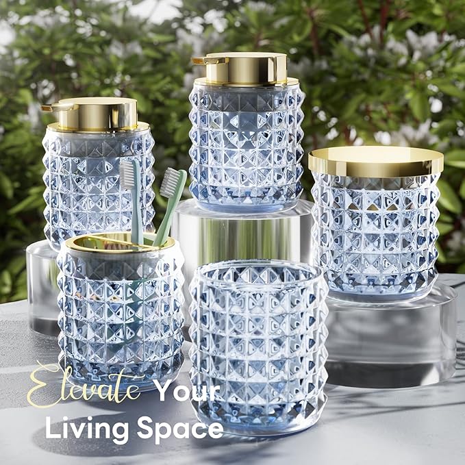 Bathroom Set Blue Bathroom Accessories Glass bathroom Accessories Navy Blue Bathroom Accessory Diamond Soap Dispenser and Toothbrush Holder Set for Bathroom Decor