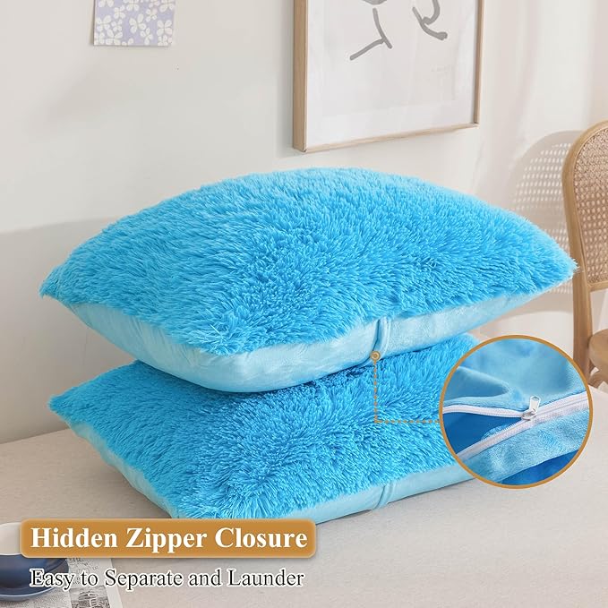 XeGe Faux Fur Fluffy Pillow Cases, Soft Plush Shaggy Furry Blue Pillowcases, Velvet Fuzzy Decorative Throw Pillow Covers for Bed Couch, Zipper Closure, Set of 2(King Size, Blue)