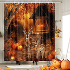 Rustic Fall Shower Curtain Deer Bathroom Curtain, Country Autumn Farmhouse Pumpkin Thanksgiving Harvest Shower Curtains Halloween Holiday Bathroom Decorative With Hooks, Fall Bath Accessories 72"X72"
