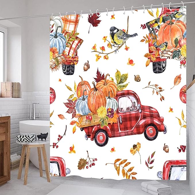 Fall Truck Pumpkin Shower Curtain Autumn Leaves Red Truck Farmhouse Harvest Thanksgiving Bathroom Curtains Waterproof Polyester Fabric Bath Curtain 72 x 72 Inch with 12 Plastic Hooks