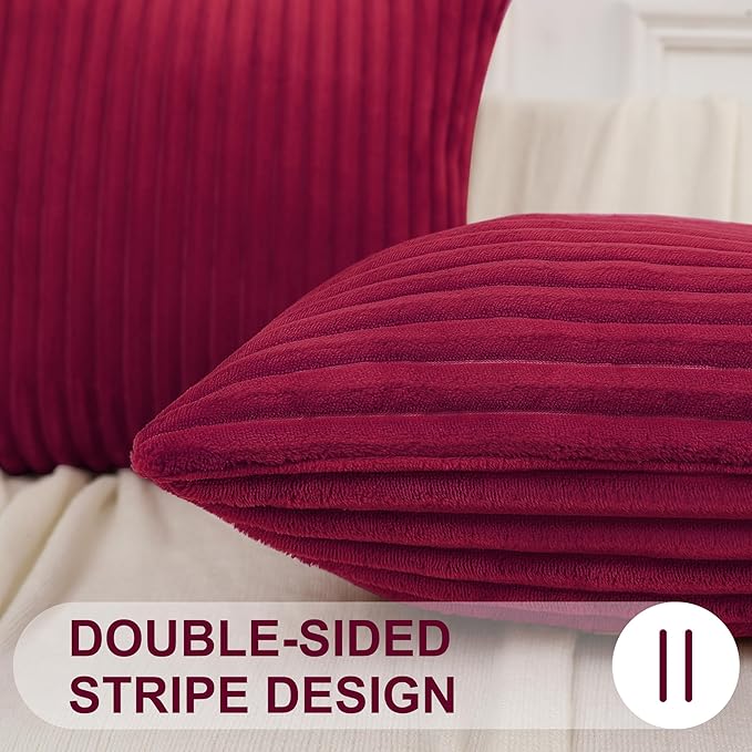 Simmore Decorative Fall Throw Pillow Covers 18x18 Set of 2, Soft Natural Plush Flannel Double-Sided Fluffy Couch Pillow Covers for Sofa Living Room, Burgundy