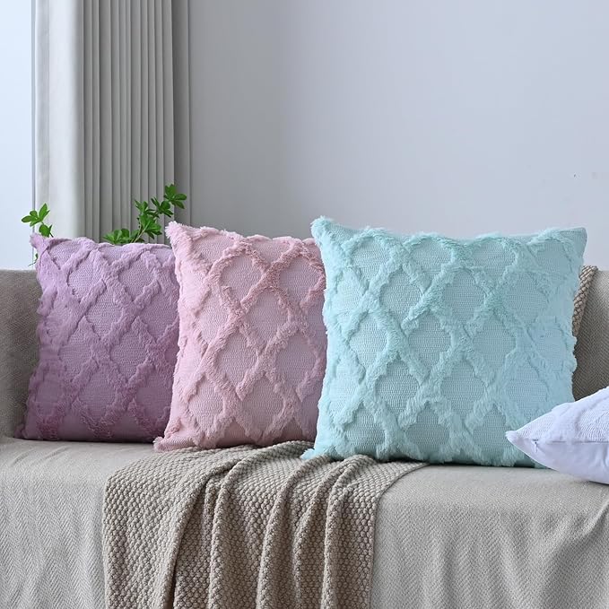 Set of 2 Soft Moroccan Throw Pillow Covers 18x18 Inch Plush Boho Decorative Pillow Cover Accent Cushion Case for Couch Sofa Bed, Purple