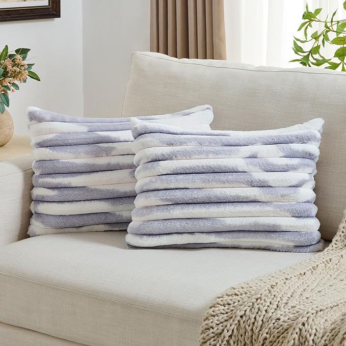 FUTEI Light Purple Decorative Throw Pillow Covers 12x20 Inch Set of 2, Soft Tie-Dye Faux Rabbit Fur Striped Texture Pillow Case, Modern Home Decor for Couch Bed Living Room