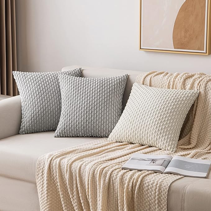 MIULEE Pack of 2 Decorative Throw Pillow Covers 18x18 Inch Soft Boho Striped Textured Corduroy Pillow Covers Modern Farmhouse Home Decor for Couch Bed Sofa Living Room Light Grey