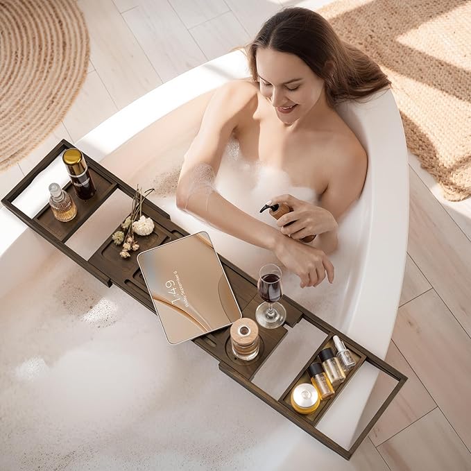 Teak Bathtub Tray Expandable Bathroom Tray for Home Spa Relaxation, Wooden Tray Caddy for Bathtub, Teak Bathtub Caddy as Unique Housewarming, Birthday, Wedding Shower Gifts (Walnut Teak)