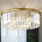 Gold Modern Crystal Chandelier, 2-Tier Round Flush Mount Ceiling Light Fixtures Height Adjustable Pendant Lighting for Dining Room Living Room Bedroom Kitchen Hotel Foyer