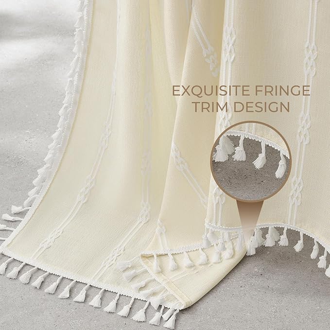 downluxe Linen Texture 3 in 1 Farmhouse Shower Curtain Set with Tassel, Boho Fabric Shower Curtains for Bathroom, Cream, 60W x 72L
