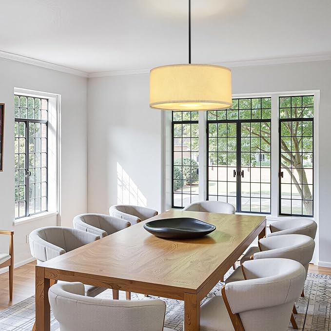16'' Modern Chandelier, 3-Light Drum Chandelier with Classic Fabric Linen Shade, Farmhouse Adjustable Pendant Light Fixture for Dining Room, Bedroom, and Kitchen
