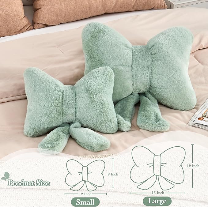 Sage Green Bow Pillow, Soft Bow Decorative Pillows with Faux Rabbit Fur, Cute 12" Bow Throw Pillows, Aesthetic Home Decor Bow Shaped Plush Pillow for Bedroom Sofa Couch