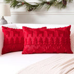 OTOSTAR Set of 2 Xmas Soft Plush Short Wool Velvet Decorative Throw Pillow Covers Rectangular Luxury Style Cushion Case Pillow Shell for Sofa Bedroom Christmas Tree and Elk Red, 16x24 Inch