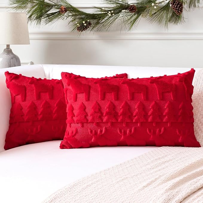 OTOSTAR Set of 2 Xmas Soft Plush Short Wool Velvet Decorative Throw Pillow Covers Rectangular Luxury Style Cushion Case Pillow Shell for Sofa Bedroom Christmas Tree and Elk Red, 12x20 Inch