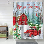 Vandarllin Red Truck Christmas Shower Curtain, Merry Christmas Farmhouse Shower Curtains Set with Hooks, Winter Xmas Tree Waterproof Fabric Bathroom Curtains Decor Home Accessories,Stall 36 X 72 Inch