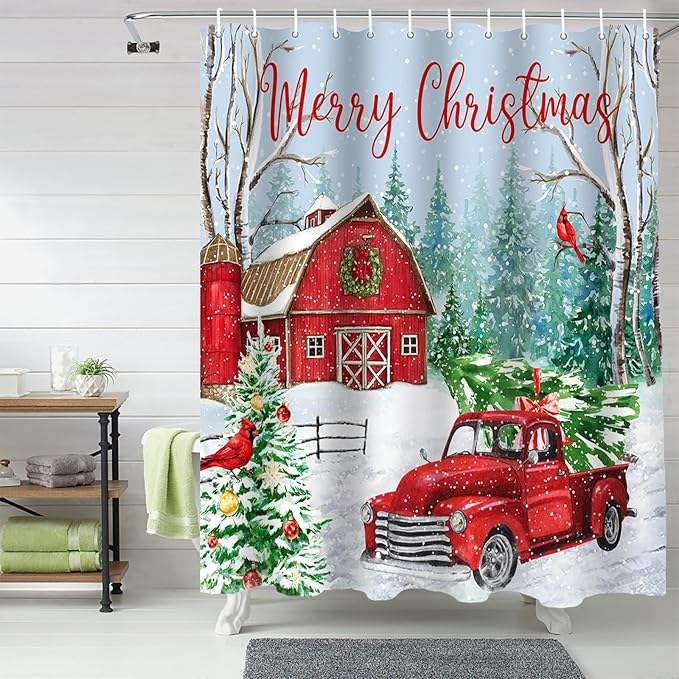 Vandarllin Red Truck Christmas Shower Curtain, Merry Christmas Farmhouse Shower Curtains Set with Hooks, Winter Xmas Tree Waterproof Fabric Bathroom Curtains Decor Home Accessories,72 X 72 Inch Long
