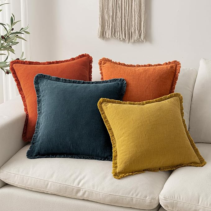 MIULEE Fall Decorative Throw Pillow Covers Neutral Linen Fringe Throw Pillows Set of 2 Orange Boho Farmhouse Cushion Covers with Tassels for Couch Sofa Bed Living Room Spring Home Decor 20x20 Inch