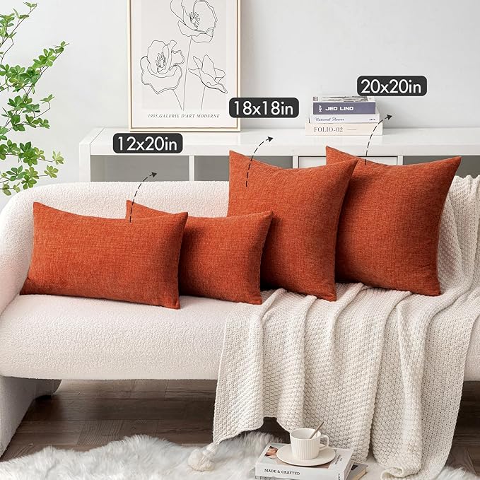 MIULEE Fall Pack of 2 Rust Throw Pillow Covers 12x20 Inch Soft Chenille Pillow Covers for Sofa Living Room Couch Solid Dyed Cases
