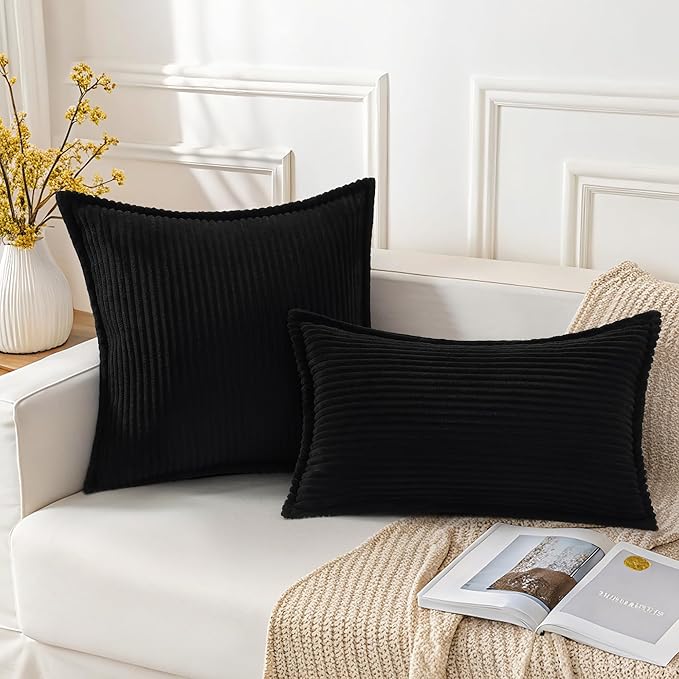 Mecatny Corduroy Throw Pillow Covers 12x20 Set of 2, Neutral Decorative Soft Boho Lumbar Couch Pillow Covers with Broadside for Sofa Living Room, Black