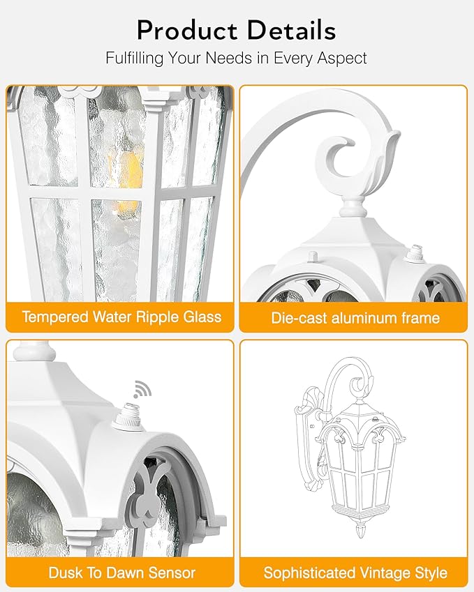 VIANIS White Porch Lights Outdoor, Outside Dusk to Dawn Light Fixtures Wall Mount, Exterior Lighting for House with Ripple Glass, Lantern Fixture for Patio Garage Front Coach, Anti-Rust Waterproof