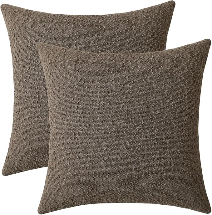 Jeneoo Light Brown Decorative Square Thick Throw Pillow Covers Fine Textured Boucle Couch Cushion Case for Living Room Sofa Home Decor, Set of 2, 18 x 18 Inch