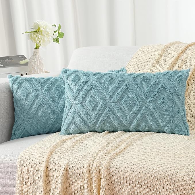 Pallene Light Teal Throw Pillow Covers 12x20 Set of 2, Soft Plush Faux Fur Decorative Lumbar Couch Pillow Covers for Sofa Bed Living Room Pillow Cases with 3D Diamond Pattern