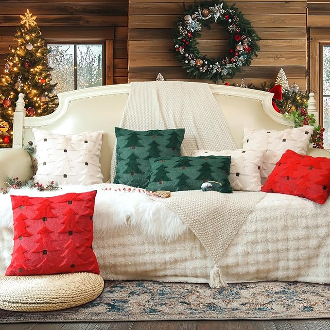 GEEORY Christmas Pillow Covers 12x20 Inch Set of 2, Christmas Decorations Xmas Tree Soft Plush Fluffy Faux Fur Decorative Throw Pillows Farmhouse Winter Cushion Case Green Brown GC033-12