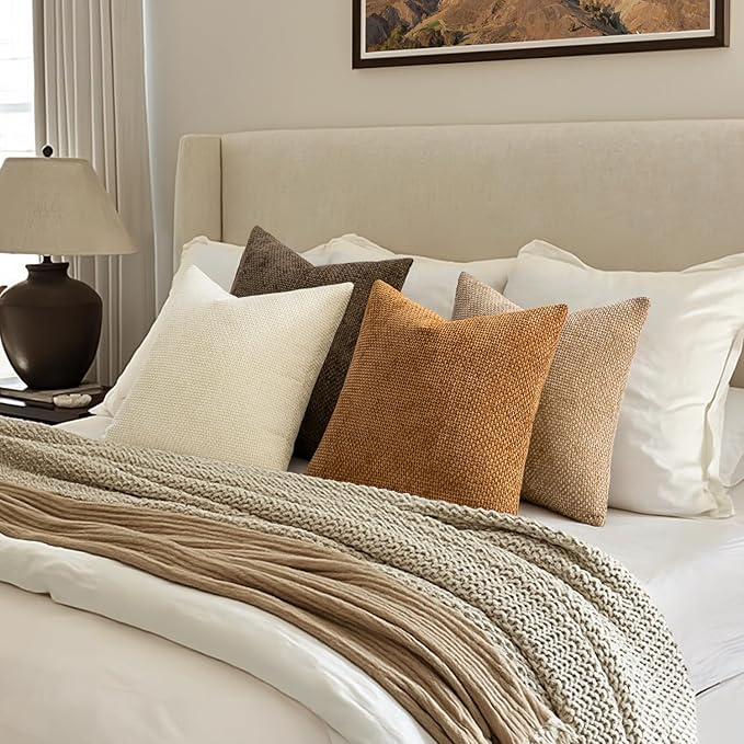 MIULEE Pack of 4 Brown Couch Throw Pillow Covers 18x18 Inch Soft Fall Decorative Chenille Pillows Farmhouse Accent Cushions for Boho Home Decor Spring Sofa Bedroom Living Room