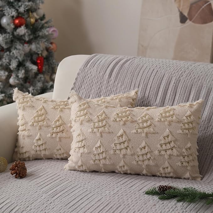 Christmas Pillow Covers 12x20 inch Set of 2 Soft Plush Faux Fur Christmas Decor Beige Xmax Tree Yellow Colored Lights Decoration Throw Pillow Case for Winter Holiday Sofa Living Room PT003C12