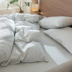MooMee Striped Duvet Cover Set 100% Washed Cotton Linen Like Textured Breathable Durable Soft Comfy (Heathered Green Pinstripes, Twin 68"x90")