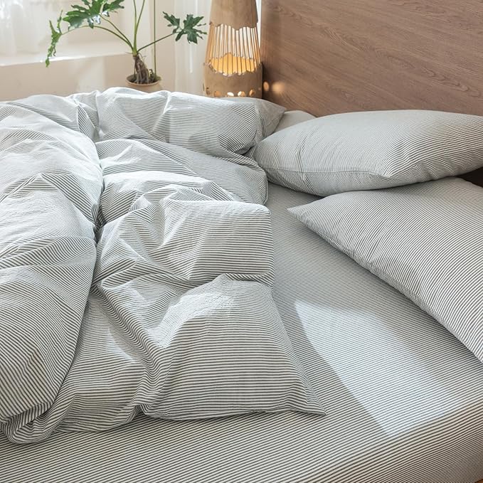MooMee Striped Duvet Cover Set 100% Washed Cotton Linen Like Textured Breathable Durable Soft Comfy (Heathered Green Pinstripes, Super Queen 90"x98")