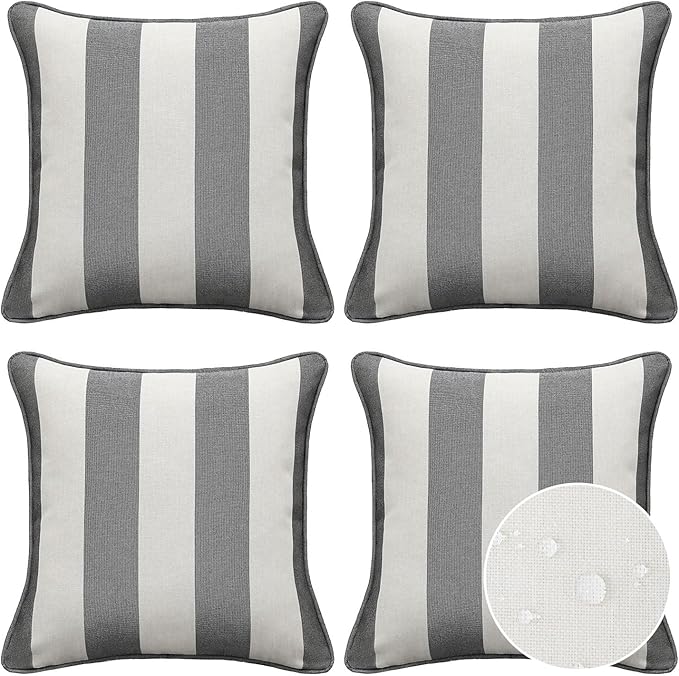 Decorative Outdoor Water Repellent Throw Pillows with Inserts, Set of 4, 20" x20" Pillows for Patio, Backyard, Bed, Couch, and Patio Furniture, Gray Stripe