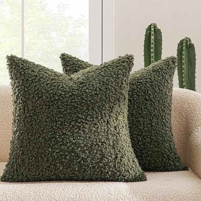 MIULEE Pack of 2 Throw Pillow Covers 20x20 Inch Olive Green Faux Fur Decorative Sherpa Pillow Covers Fuzzy Accent Soft Sheepskin Fleece Cushion Cases for Boho Home Decor Couch Living Room Bed