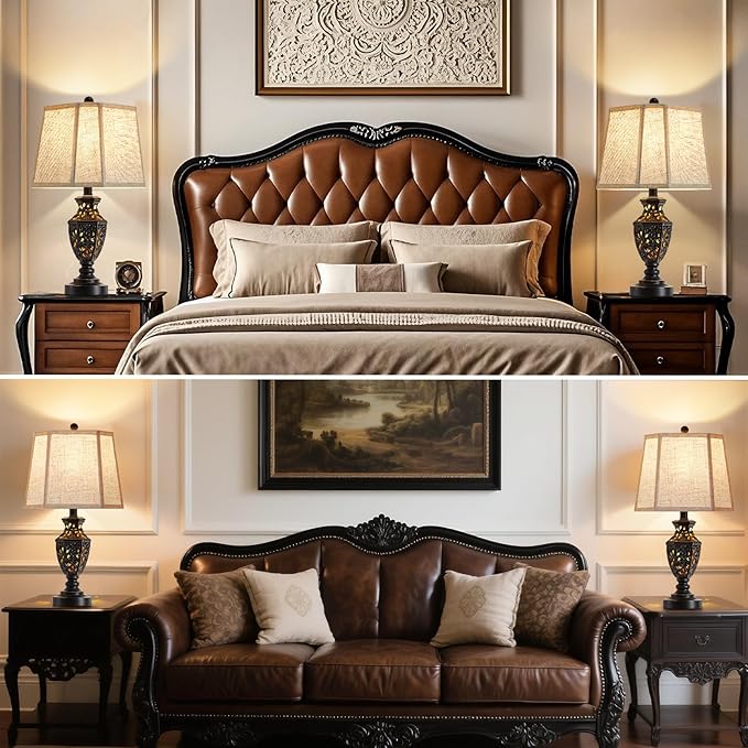 Lamps for Night Stands Set of 2-23.5" Vintage Bedside Lamp with USB A+C and Nightlight - Black Retro Carved Resin Farmhouse Table Lamp for Bedrooms, End Tables, Living Room, Bulbs Included