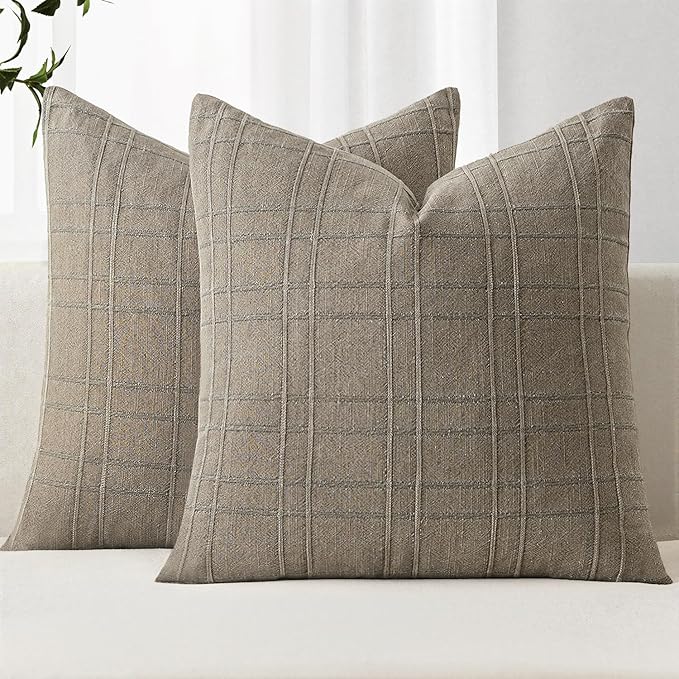 MIULEE Decorative Linen Check Throw Pillow Covers Neutral Farmhouse Vintage Pillow Covers 18x18 Set of 2 Boho Modern Winter Home Decor for Sofa Couch Bedroom Cushion Tan Taupe