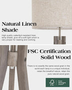 ELYONA Farmhouse Wood Tripod Floor Lamp, Modern Reading Standing Lamp with 3 Color Temperatures LED Blub & Nature Linen Shade, Night Light for Living Room, Bedroom, Study Room, Office, Grey