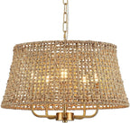 Hand-Woven Rattan Chandelier Vintage Farmhouse Boho Bamboo Chandeliers Light Fixture Retro Drum Wicker Rattan Gold Chandelier for Dining Room, Kitchen, Living Room
