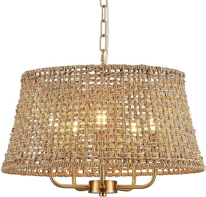 Hand-Woven Rattan Chandelier Vintage Farmhouse Boho Bamboo Chandeliers Light Fixture Retro Drum Wicker Rattan Gold Chandelier for Dining Room, Kitchen, Living Room