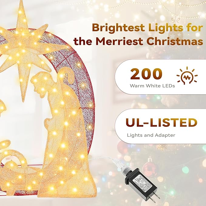 3-Piece Christmas Lighted Joy Sign Decoration,32Inch Oversized Pre-Lit Nativity Scene,2-in-1 Weather Resistant Holiday Yard Decor Freestanding or Wall Decor for Garden Yard Porch or Indoor