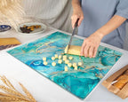 Glass Cutting Board 20”x16”: Tempered Glass Kitchen Counter Protector - Durable- Scratch-Resistant, Heat-Proof - Design 9 - Teal Ocean