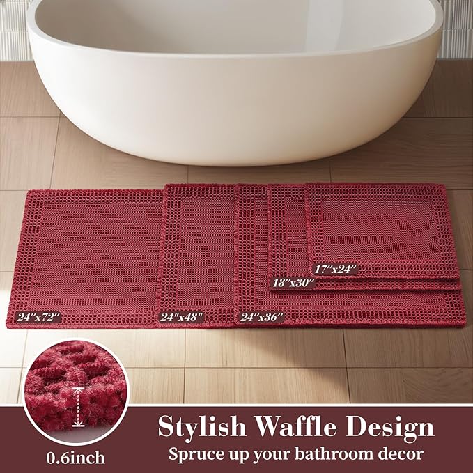 RESARE Waffle Bath Mat for Bathroom, Super Absorbent Bathroom Rugs Non Slip Machine Washable, Ultra Soft Quick Dry Boho Bath Rugs with Tassels for Floor, Upgraded Bordered Design, 18"x30" Red