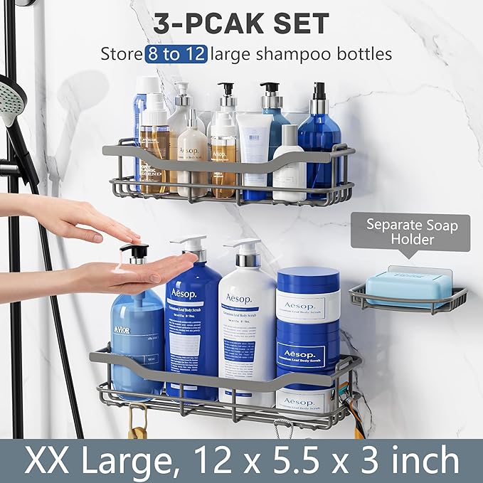 OMAIRA 3-Pack Shower Caddy with Soap Holder, Adhesive Rustproof No-drill Strudy Loading Inside Shower Organizer Shelves Rack Storage Bathroom Organization for Smooth Wall Glass Tile, Grey (X-Large)