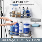 OMAIRA 3-Pack Shower Caddy with Soap Holder, Adhesive Rustproof No-drill Strudy Loading Inside Shower Organizer Shelves Rack Storage Bathroom Organization for Smooth Wall Glass Tile, Grey (X-Large)