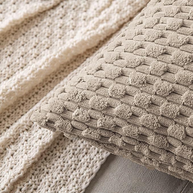 MIULEE Pack of 2 Decorative Throw Pillow Covers 24x24 Inch Soft Boho Striped Textured Corduroy Pillow Covers Modern Farmhouse Home Decor for Couch Bed Sofa Living Room Neutral Light Brown