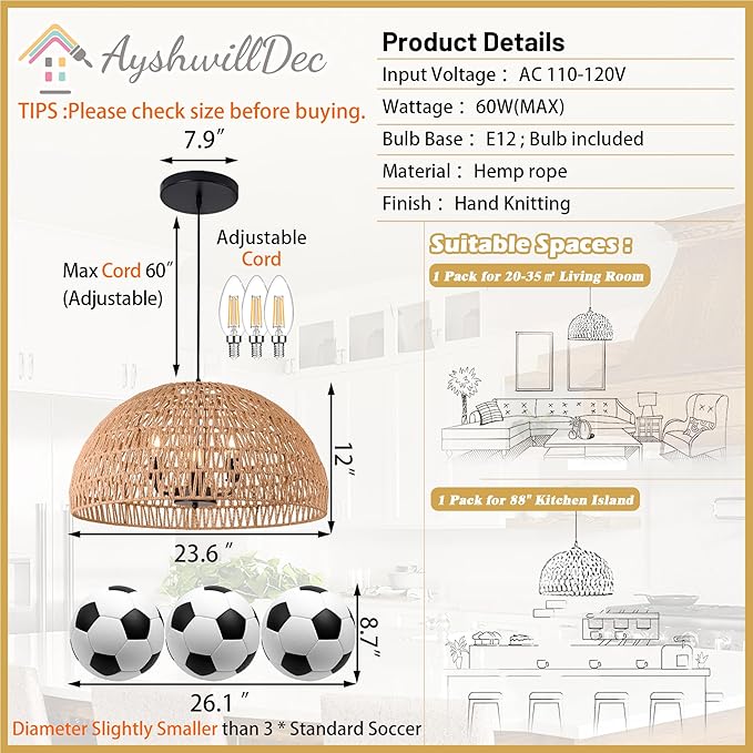 24" Brown Woven Pendant Light Boho Chandelier Dome Rustic Farmhouse Chandelier Wicker Pendant Light Rattan Light Fixture for Dining Room Living Room Bedroom Kitchen Island Foyer(Bulb Incl)