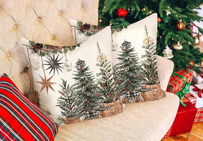 4TH Emotion Christmas Trees Pillow Covers 18x18 Inch Set of 2, Boho Xmas Farmhouse Decorations Winter Holiday Decor Throw Cushion Case for Home Couch S24C38