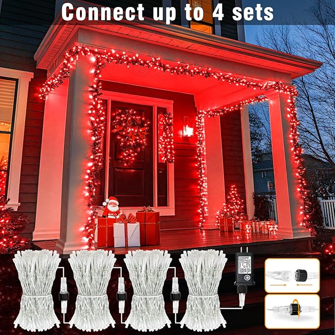 100FT 300 LED Christmas Lights Outdoor, Plug in Christmas String Lights Indoor, Waterproof & 8 Modes & Timer Function, Connectable Fairy Twinkle Light for House Classroom Patio Wedding Decor, Red