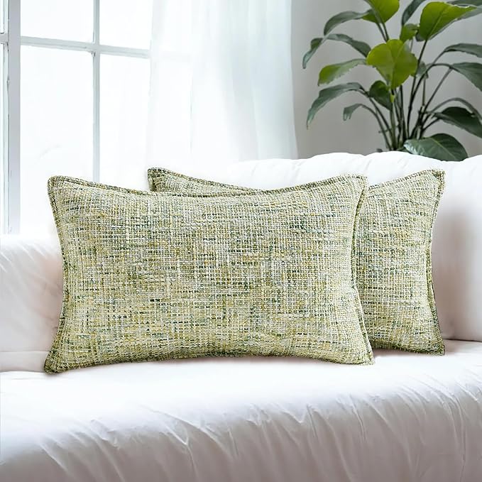 HAUSSY Creen Throw Pillow Covers 12x20 Set of 2 Chenille Tweed Textured Decorative Couch Lumbar Pillow Covers Neutral Modern Pillow Cases for Sofa Bed Living Room Decor