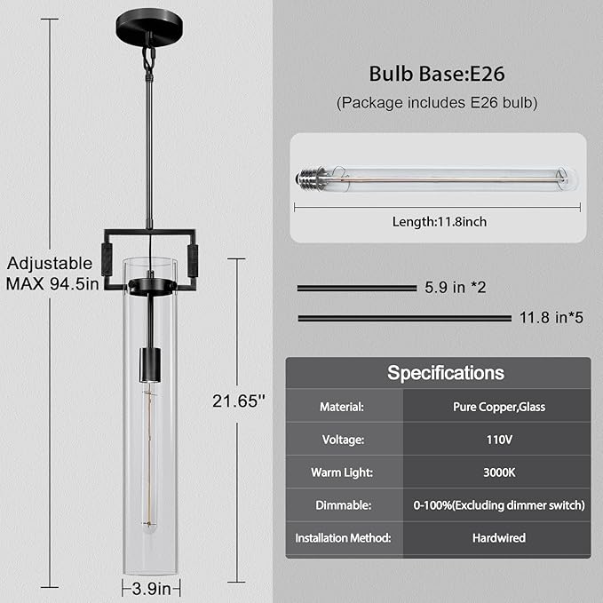 Modern Black Pendant Light, 21.6'' kitchen pendant lighting over island, Adjustable Height Glass Pendant Light Fixtures Large Pendant Lights Kitchen Island, for Dinning Room Farmhouse Bedroom Bathroom