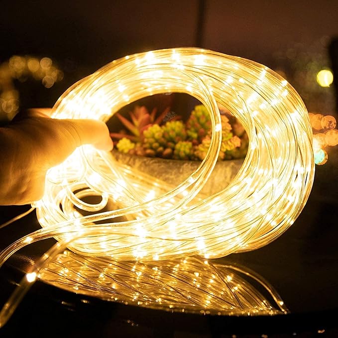 Solar Rope String Lights Outdoor 2 Pack 39 Feet 100 Led Waterproof Solar Powered Fairy Lights with 8 Lighting Modes, Copper Wire PVC Tube Lights for Garden Wedding Party DIY Decor (Warm White)